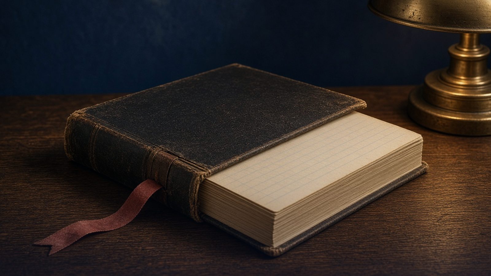 A closed leather-bound ledger with a red ribbon bookmark on a wooden desk beside a brass lamp