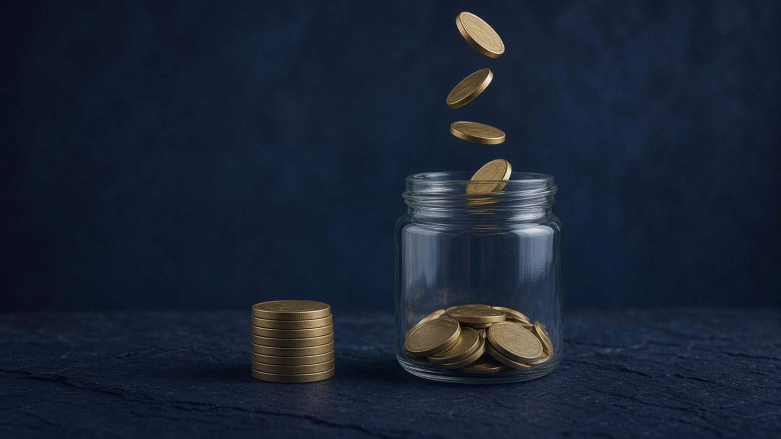 Plain gold-coloured coins dropping into a glass jar beside a small stack of coins