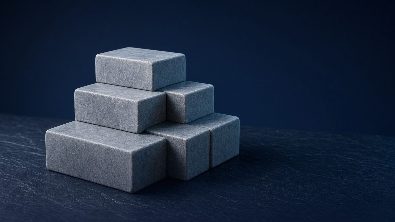 Graduated grey stone blocks fitted together into a stepped foundation on a dark slate surface