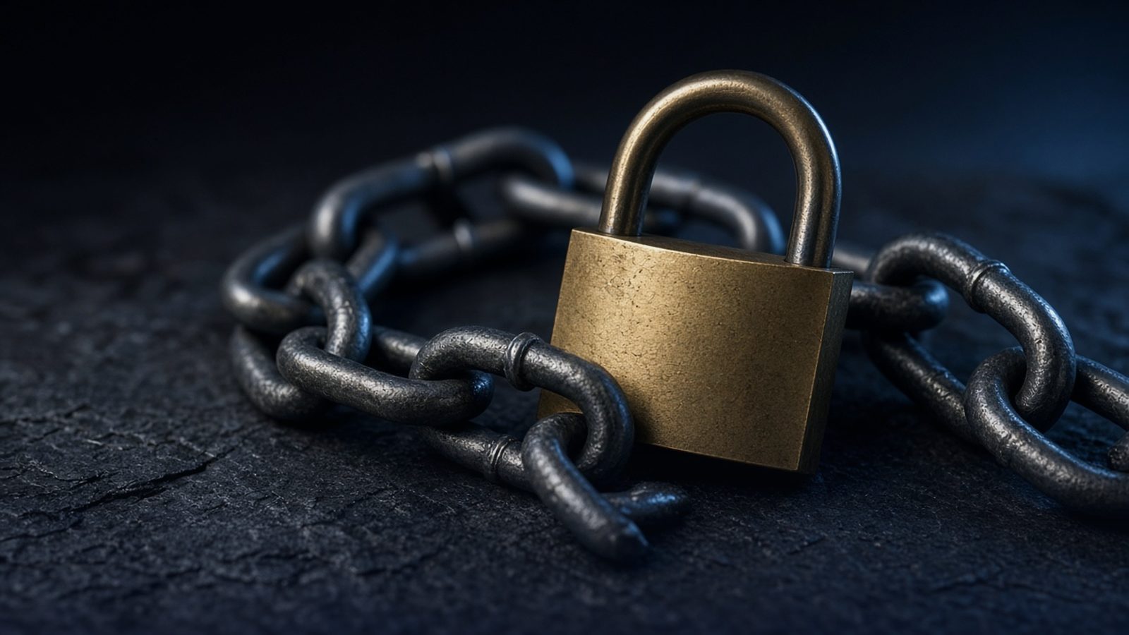 A plain brass padlock fastened through a heavy steel chain on dark slate