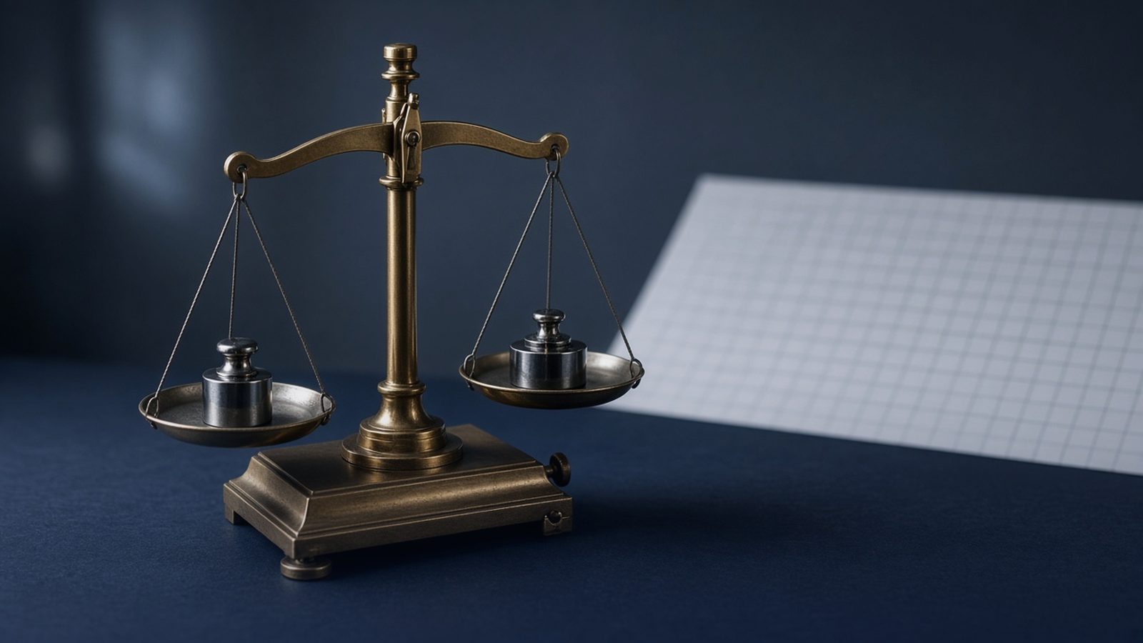 A brass precision balance with steel calibration weights on a navy desk