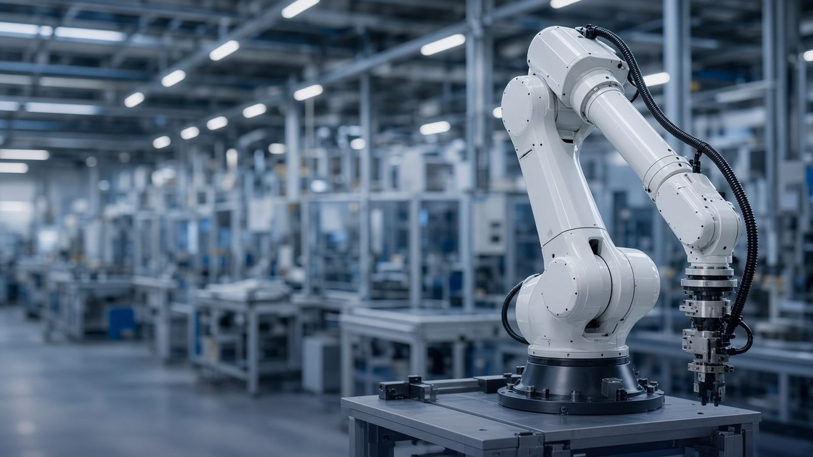 A white industrial robot arm in a brightly lit automated factory hall