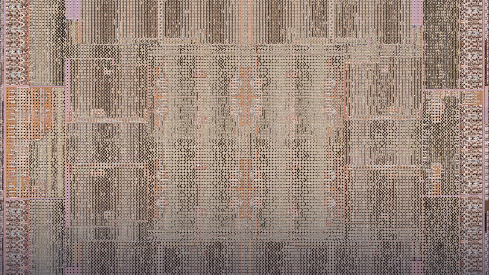 A microscope view of a processor die, showing its circuit blocks