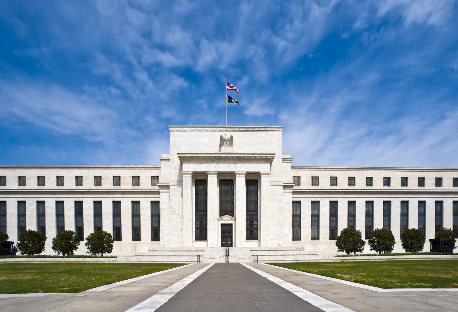 The Marriner S. Eccles Federal Reserve Board Building in Washington, seen from the front walkway