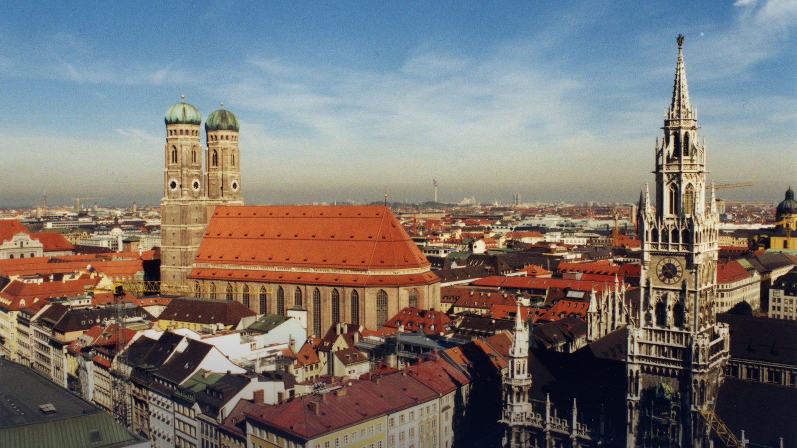 The twin towers of the Frauenkirche above Munich's old-town rooftops