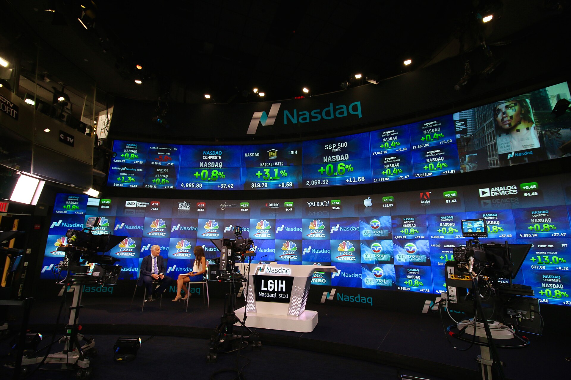 The studio at Nasdaq MarketSite in Times Square, with a curved wall of market data screens