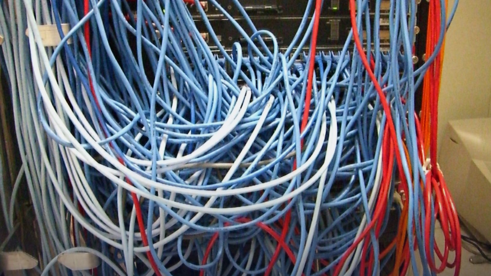 A mass of blue network cables in a server rack