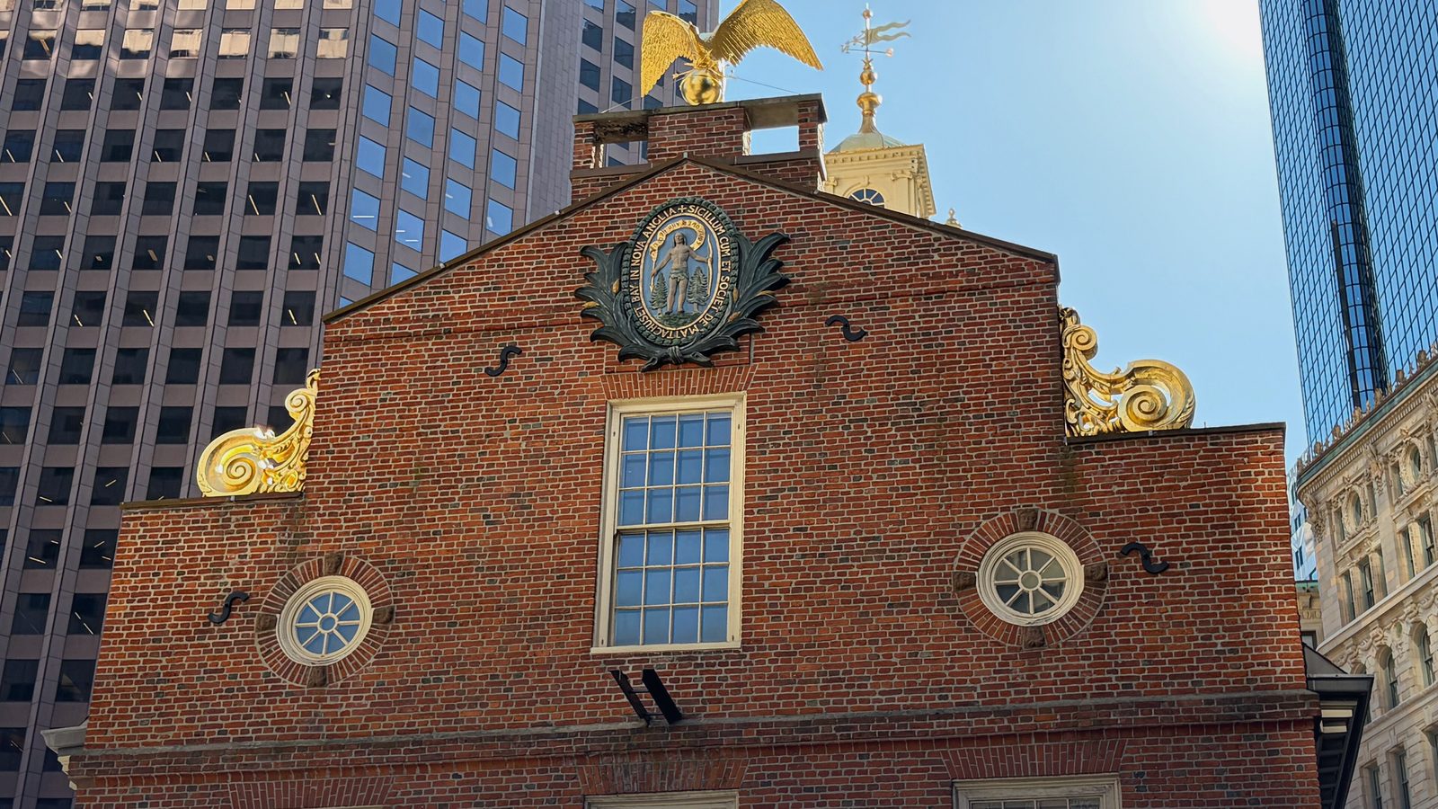 The Old State House on State Street, Boston, framed by office towers