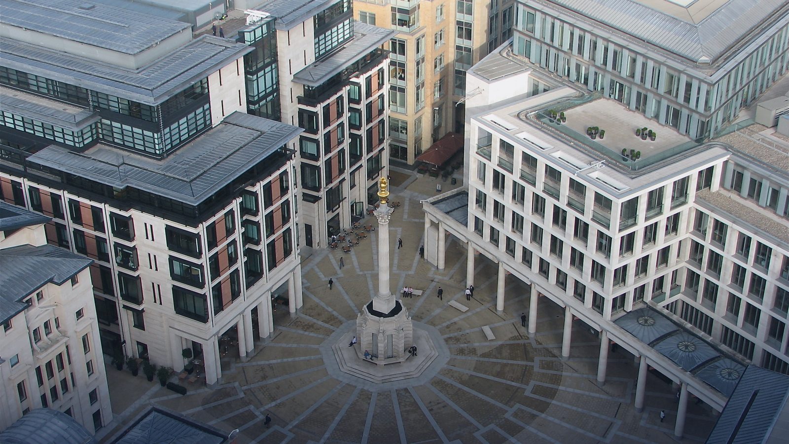 Paternoster Square in the City of London, home of the London Stock Exchange, seen from St Paul's Cathedral