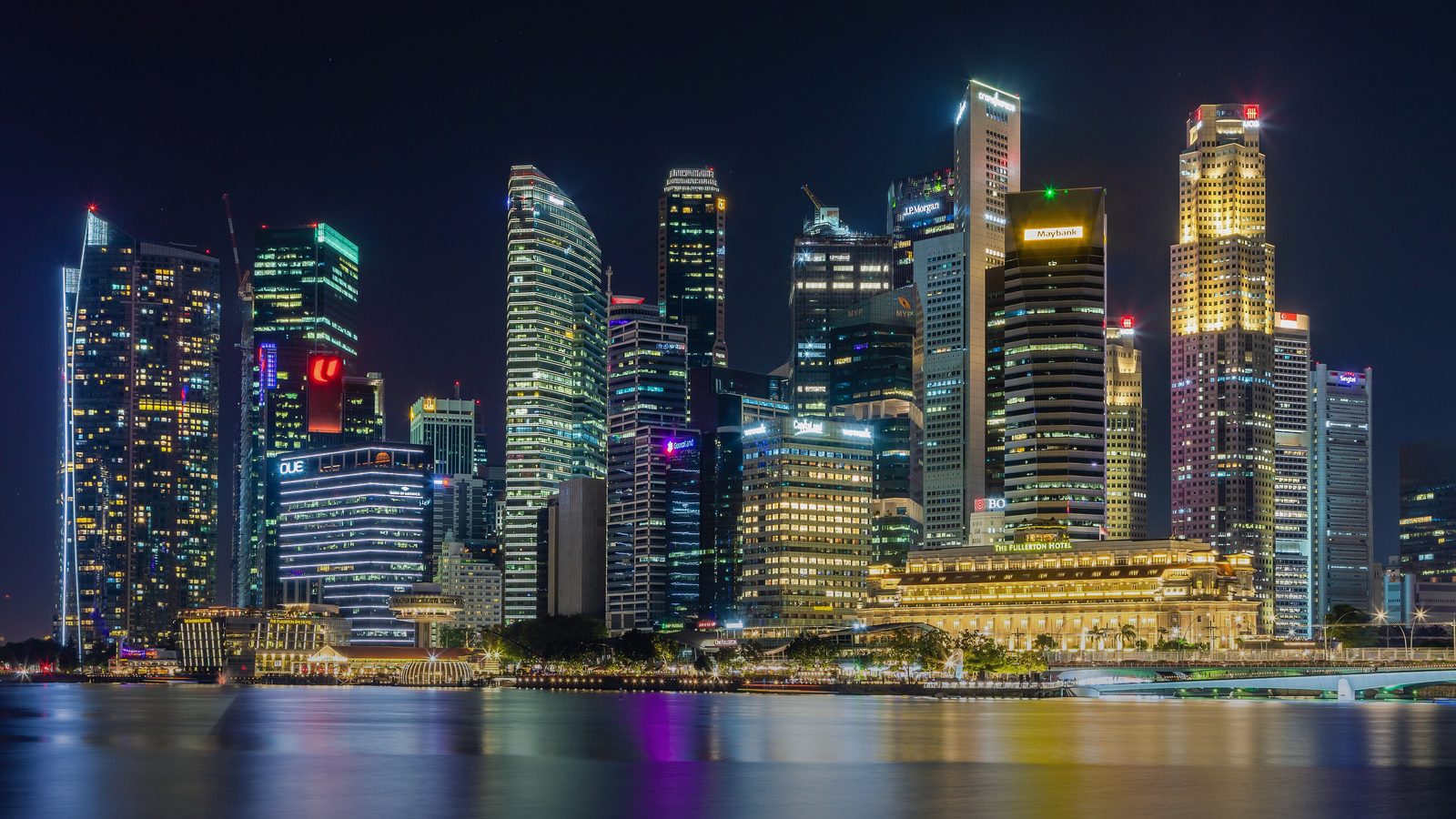 Singapore's Marina Bay financial district lit up at night
